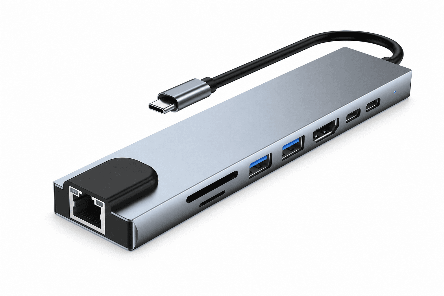 Hub USB-C 8-em-1 Ohira — detalhe e LED